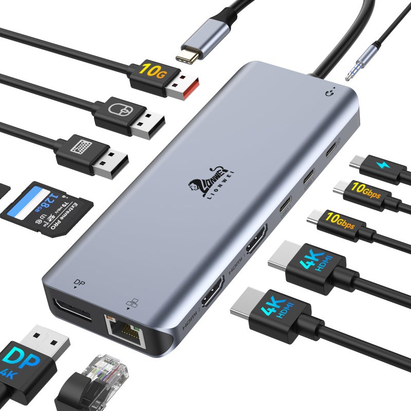 LIONWEI Laptop Docking Station 13 in 1 - Dual HDMI+DisplayPort+10Gbps, 6 USB C/A, 100W PD, Ethernet, SD/TF, Audio, USB C Hub for MacBook/Dell/HP/Surface - Image 1