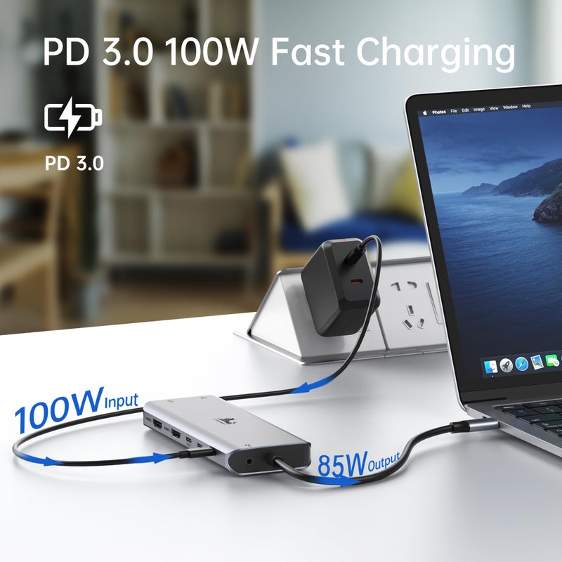 LIONWEI Laptop Docking Station 13 in 1 - Dual HDMI+DisplayPort+10Gbps, 6 USB C/A, 100W PD, Ethernet, SD/TF, Audio, USB C Hub for MacBook/Dell/HP/Surface - Image 5