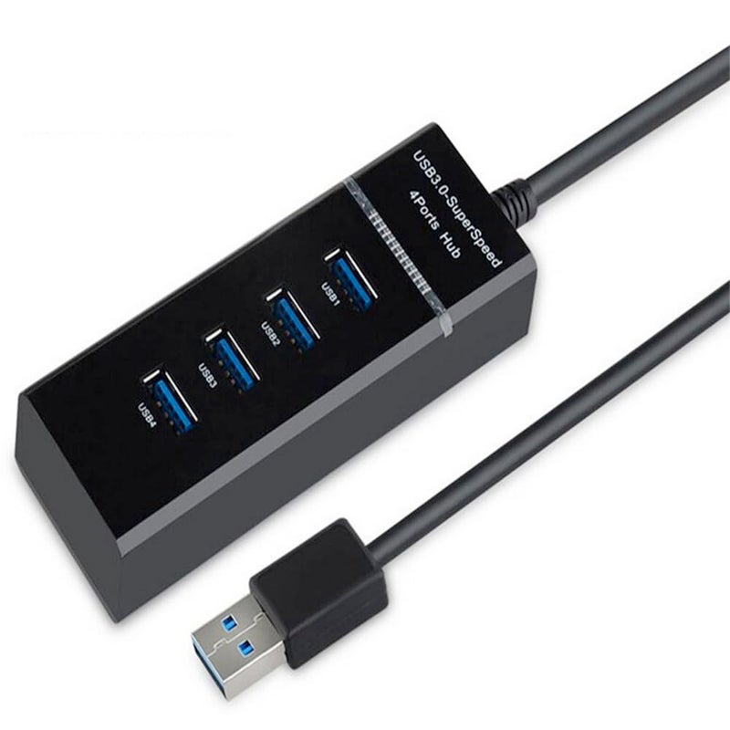 4-Port USB 3.0 Ultra Slim Data Hub with 1.2M Extended Cable – High-Speed Multi USB Port Hub for Laptop, PC, MacBook, Flash Drives & Mobile HDD - Black