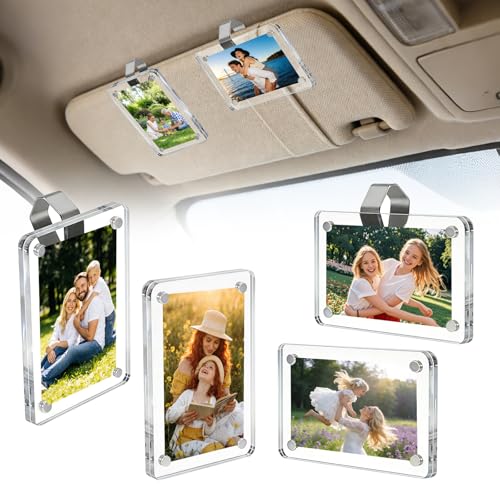 IWBOTQ Car Picture Holder, 4Pcs Clear Acrylic Magnetic Car Visor Photo Clip, Easy Snap-On Universal Personalized Hanging Car Picture Frame for Polaroid & Family, Personal, Pets, Travel Pictures - Image 1