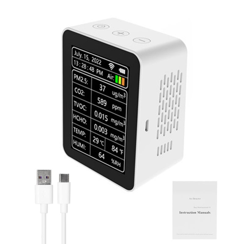 مكشاف جودة الهواء الذكي بالواي فاي من تويا - كاشف 7 في 1 لـ PM2.5 و CO2 و TVOC و HCHO و درجة الحرارة والرطوبة و AQI - مع عرض التاريخ والوقت والأسبوع - مراقبة جودة الهواء الداخلية المنزلية المكتبية مع رؤية عن بُعد عبر تطبيق الهاتف المحمول - Image 1