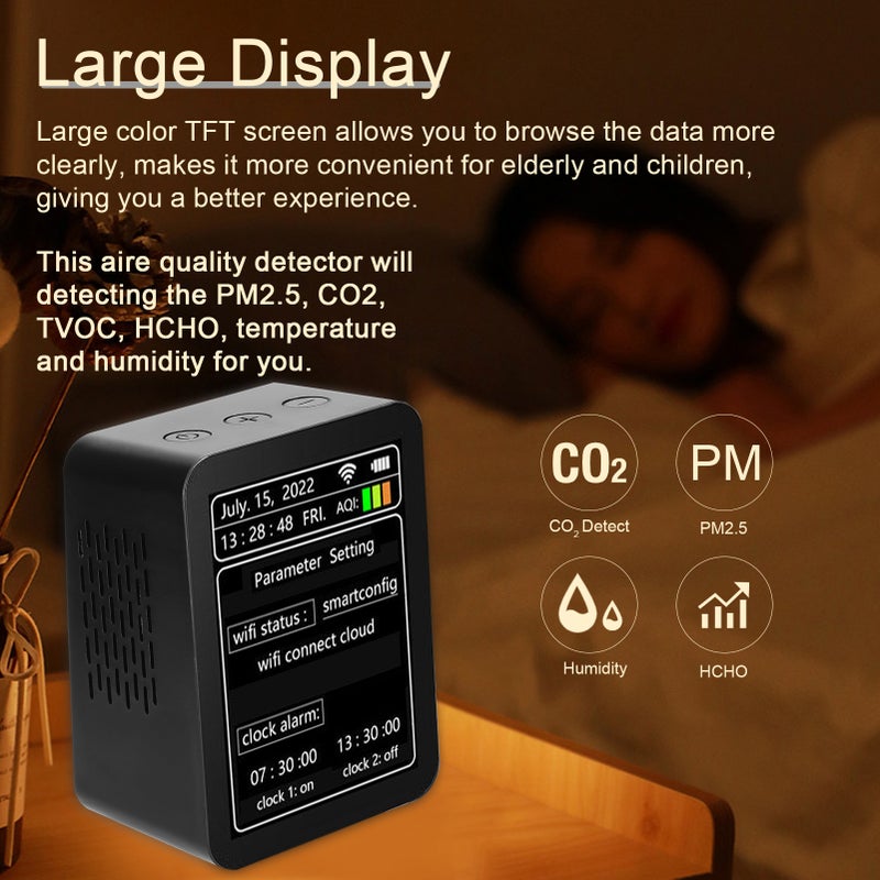 مكشاف جودة الهواء الذكي بالواي فاي من تويا - كاشف 7 في 1 لـ PM2.5 و CO2 و TVOC و HCHO و درجة الحرارة والرطوبة و AQI - مع عرض التاريخ والوقت والأسبوع - مراقبة جودة الهواء الداخلية المنزلية المكتبية مع رؤية عن بُعد عبر تطبيق الهاتف المحمول - Image 3