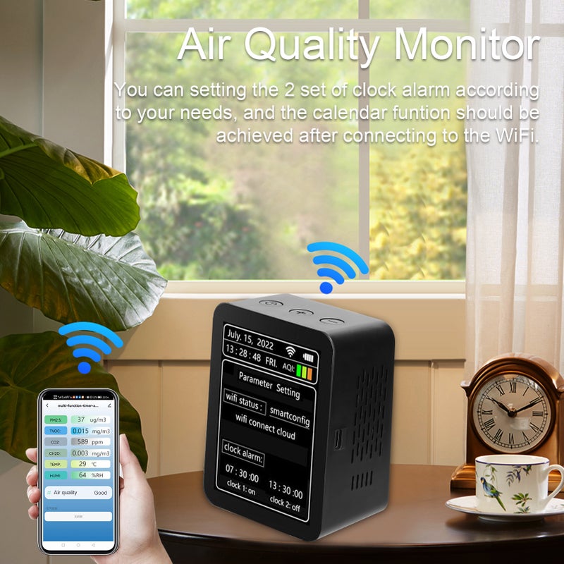 مكشاف جودة الهواء الذكي بالواي فاي من تويا - كاشف 7 في 1 لـ PM2.5 و CO2 و TVOC و HCHO و درجة الحرارة والرطوبة و AQI - مع عرض التاريخ والوقت والأسبوع - مراقبة جودة الهواء الداخلية المنزلية المكتبية مع رؤية عن بُعد عبر تطبيق الهاتف المحمول - Image 2