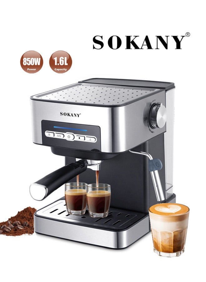 سوكاني ماكينة قهوة إسبريسو الكل في واحد مع مخفوق الحليب، ماكينة قهوة إسبريسو/لاتيه/كابتشينو سعة 1.6 لتر، 15 بار/850 وات، SK-6862 أسود/فضي - Image 1
