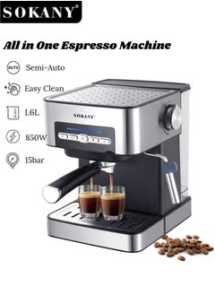 sokany All-in-One Espresso Coffee Machine with Milk Frother,1.6L Espresso/Latte/Cappuccino Coffee Maker,15 Bar/850W,SK-6862  Black/Silver  - Image 1