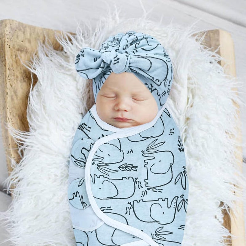 Cinaci 2 Pack Soft Cotton Baby Receiving Swaddle Blankets Wraps Sleep Sacks with Matching Bow Newborn Nursery Bow Hats Caps Beanies Bonnets for Baby Girls Boys Newborns Infants (Multicolor S11) - Image 3