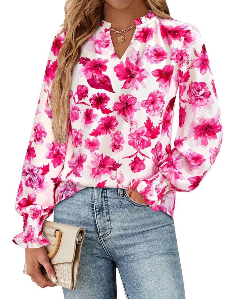 MASCOMODA Womens V Neck Floral Long Sleeve Tops 2026 Summer Casual Loose Puff Sleeve Chiffon Boho Work Blouse Dressy T Shirts(White Pink Flower,Medium) - Image 2
