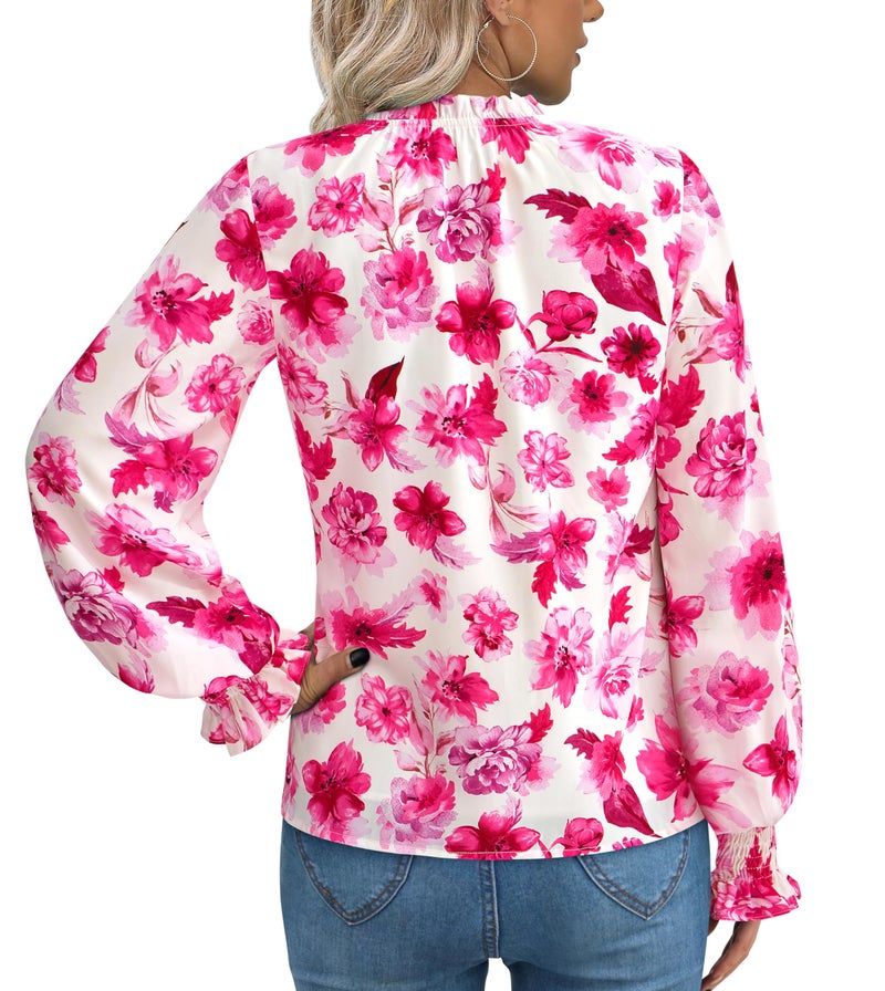 MASCOMODA Womens V Neck Floral Long Sleeve Tops 2026 Summer Casual Loose Puff Sleeve Chiffon Boho Work Blouse Dressy T Shirts(White Pink Flower,Medium) - Image 4