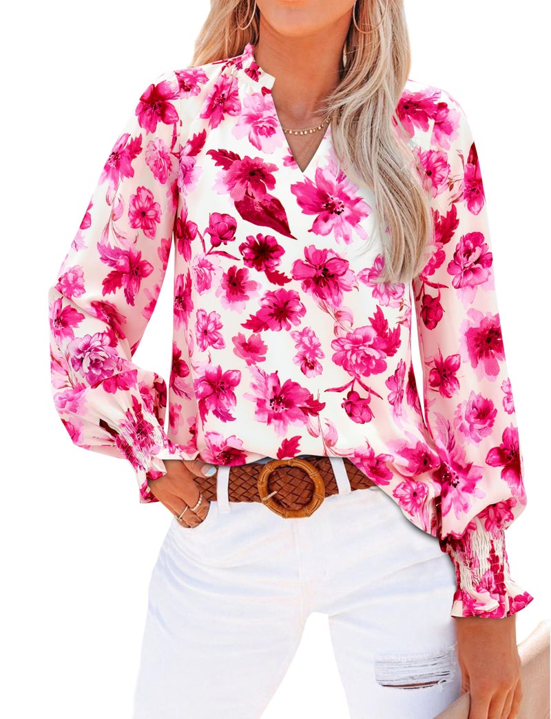 MASCOMODA Womens V Neck Floral Long Sleeve Tops 2026 Summer Casual Loose Puff Sleeve Chiffon Boho Work Blouse Dressy T Shirts(White Pink Flower,Medium) - Image 1