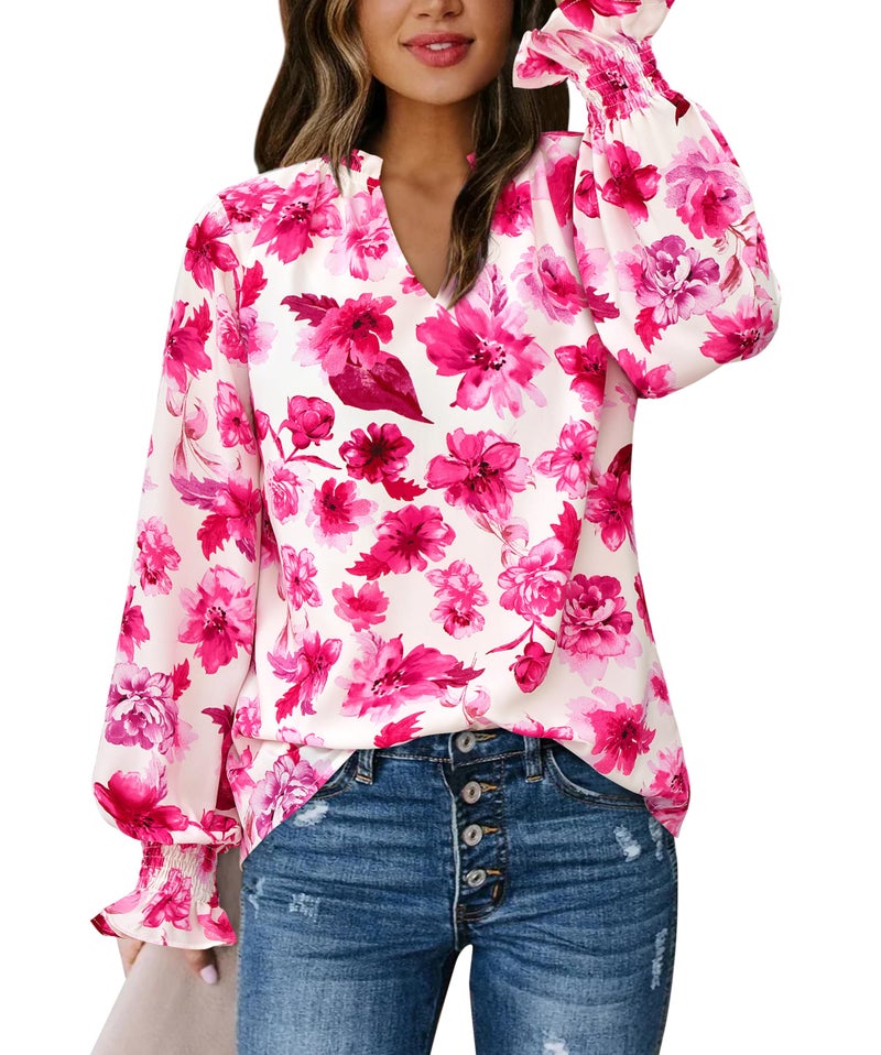 MASCOMODA Womens V Neck Floral Long Sleeve Tops 2026 Summer Casual Loose Puff Sleeve Chiffon Boho Work Blouse Dressy T Shirts(White Pink Flower,Medium) - Image 3