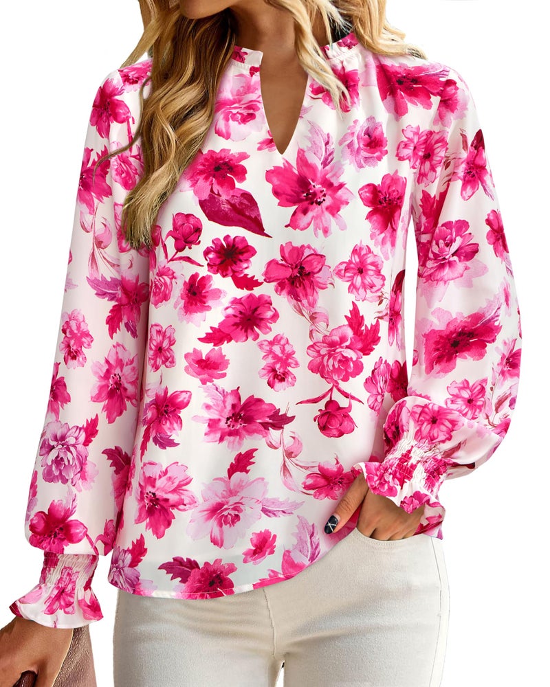 MASCOMODA Womens V Neck Floral Long Sleeve Tops 2026 Summer Casual Loose Puff Sleeve Chiffon Boho Work Blouse Dressy T Shirts(White Pink Flower,Medium) - Image 5