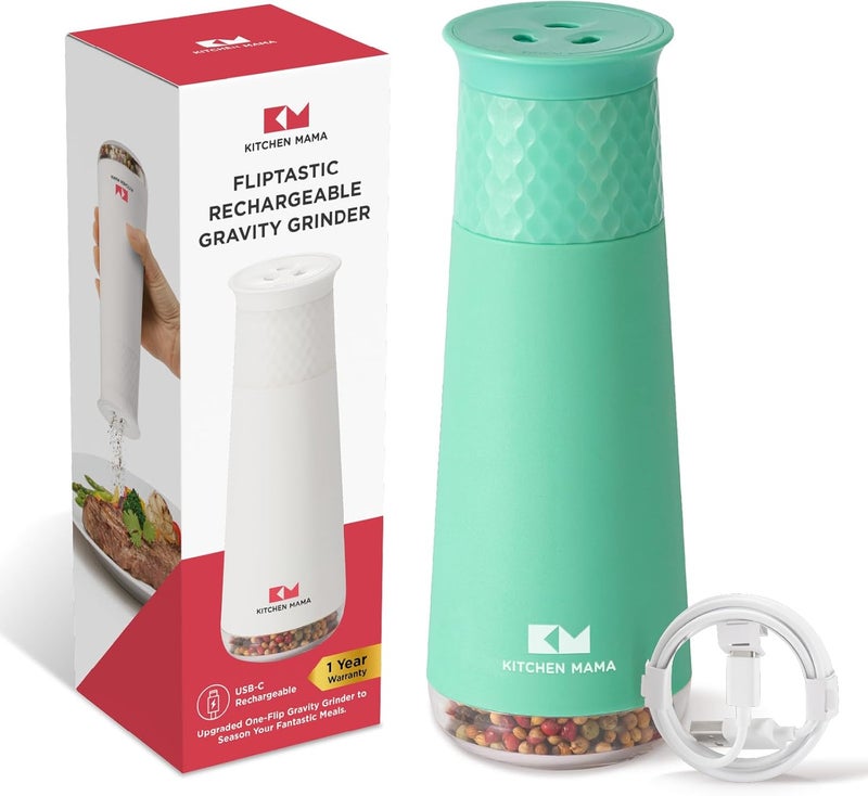 Kitchen Mama FlipTastic Rechargeable Salt and Pepper Grinder – Gravity Electric Grinder, Pepper Mill, Adjustable Coarseness, One-Hand Operation, Refillable Salt and Pepper Mill for Kitchen (Teal) - Image 1