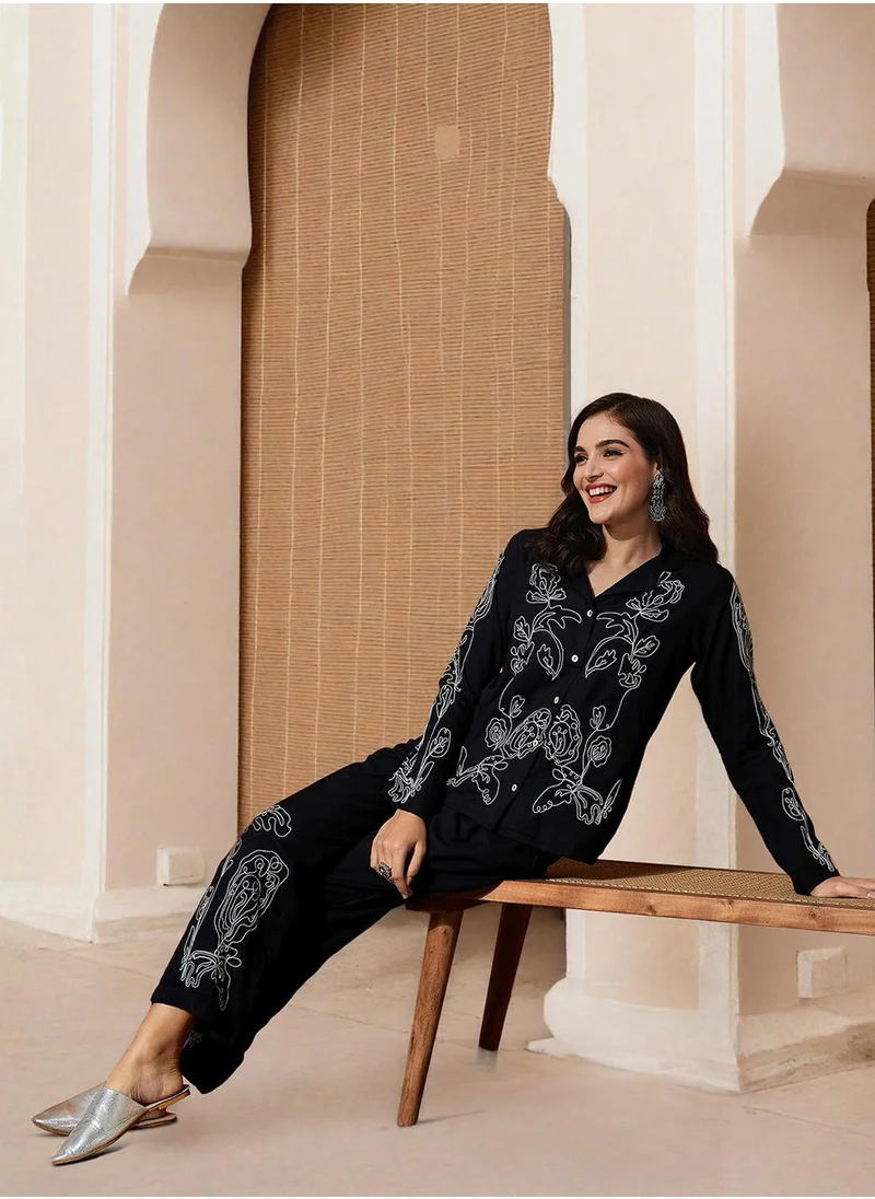آي شين Women's Black Rayon Printed Tunic Full Length Palazzo Straight Fit Co-Ords