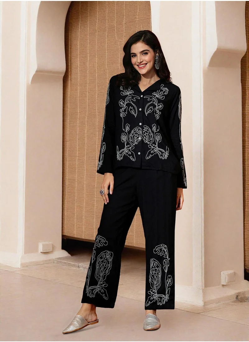 آي شين Women's Black Rayon Printed Tunic Full Length Palazzo Straight Fit Co-Ords