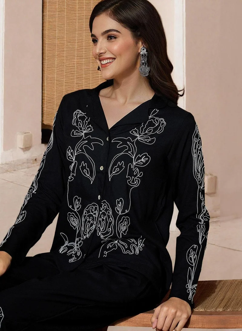 ISHIN Women's Black Rayon Printed Tunic Full Length Palazzo Straight Fit Co-Ords