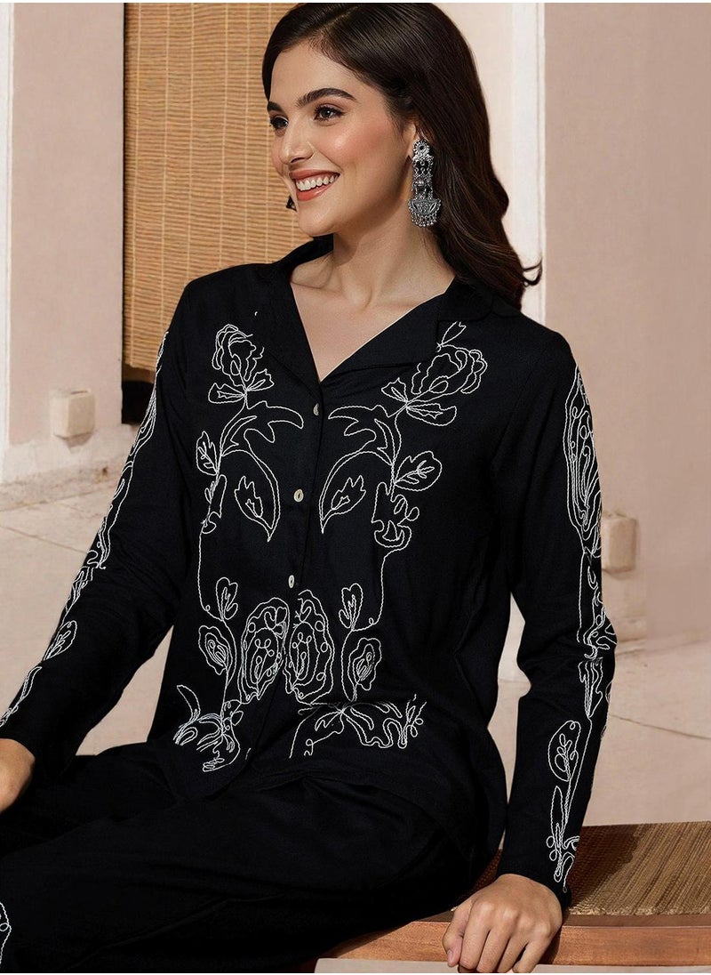 ISHIN Women's Black Rayon Printed Tunic Full Length Palazzo Straight Fit Co-Ords  - Image 3