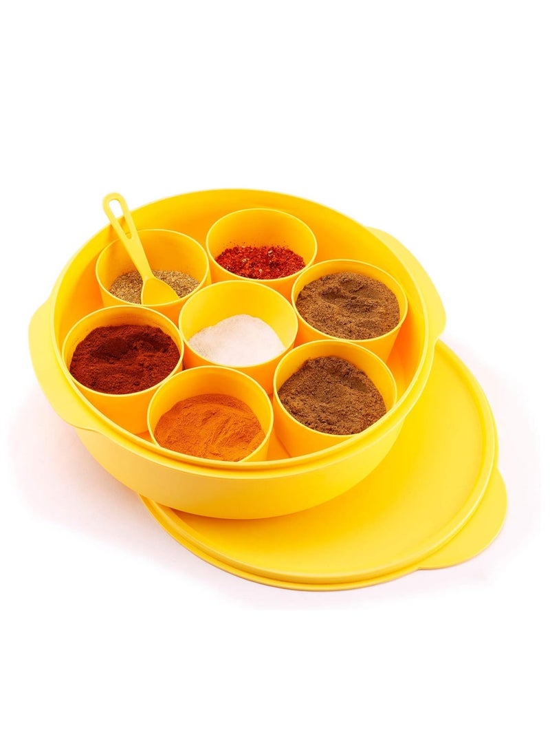 oliveware Plastic Masala Box with Spoon - 700 microliters, 7 Containers with Spoon, Yellow - Image 1