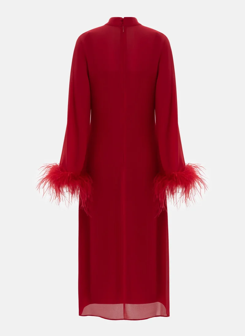 Lichi Straight midi dress with feathers on the cuffs