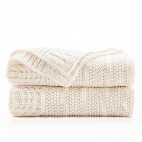 Douceur Cream Throw Blanket for Couch Soft Cozy Lightweight Stripe Pattern Knitted Throw Blanket for Sofa Living Room 50X60 - Image 1