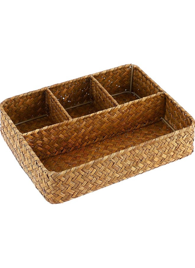 L&E Tea Bag Tray, Straw Weaving Tea Bag Organizer with Four Small Cells, Brown Coffee Station Organizer, Coffee Pod | Divided Basket | Drawer, Shelf, Countertop HolderRustic Decor  - Image 1