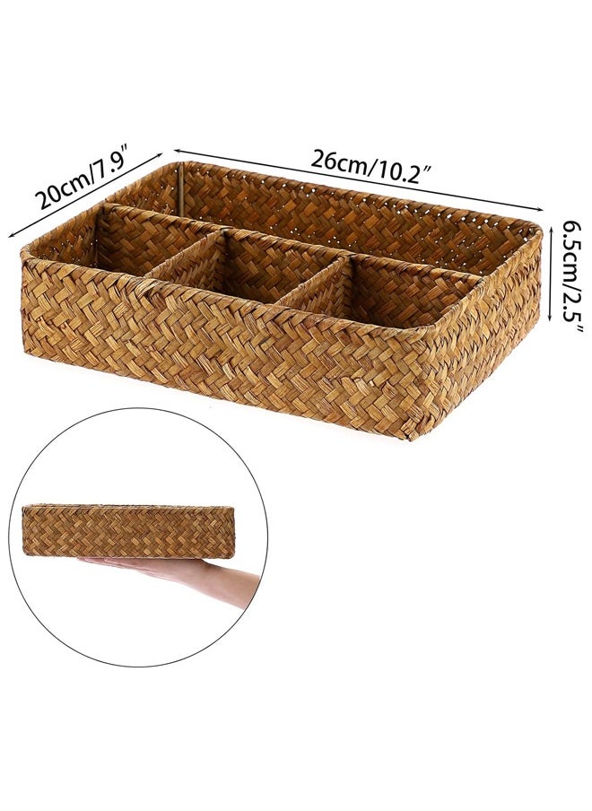 L&E Tea Bag Tray, Straw Weaving Tea Bag Organizer with Four Small Cells, Brown Coffee Station Organizer, Coffee Pod | Divided Basket | Drawer, Shelf, Countertop HolderRustic Decor  - Image 2