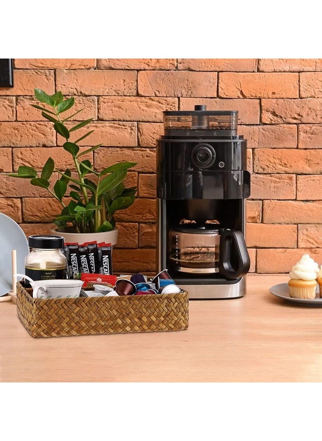 L&E Tea Bag Tray, Straw Weaving Tea Bag Organizer with Four Small Cells, Brown Coffee Station Organizer, Coffee Pod | Divided Basket | Drawer, Shelf, Countertop HolderRustic Decor  - Image 4