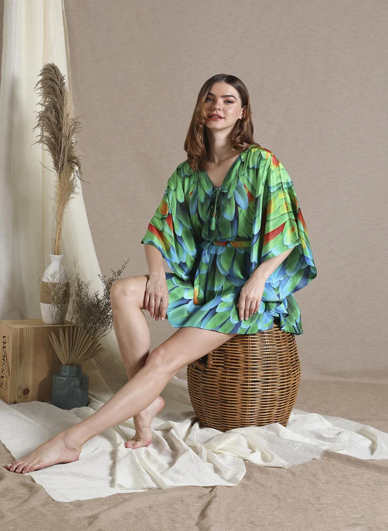 Couturelabs Green Feather Print Mini Kaftan