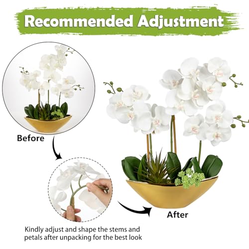 Briful Orchid Artificial Flowers 17in White Fake Orchid Silk Flowers with Gold Ceramic Pot Faux Orchid Arrangement for Home Office Room Coffee Table Centerpiece Modern Decoration - Image 4
