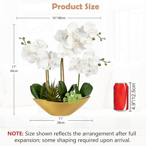 Briful Orchid Artificial Flowers 17in White Fake Orchid Silk Flowers with Gold Ceramic Pot Faux Orchid Arrangement for Home Office Room Coffee Table Centerpiece Modern Decoration - Image 2