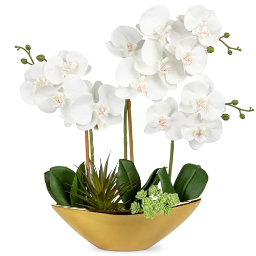 Briful Orchid Artificial Flowers 17in White Fake Orchid Silk Flowers with Gold Ceramic Pot Faux Orchid Arrangement for Home Office Room Coffee Table Centerpiece Modern Decoration - Image 1