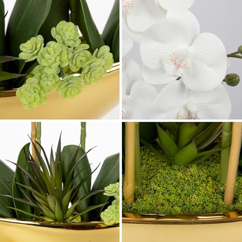 Briful Orchid Artificial Flowers 17in White Fake Orchid Silk Flowers with Gold Ceramic Pot Faux Orchid Arrangement for Home Office Room Coffee Table Centerpiece Modern Decoration - Image 3