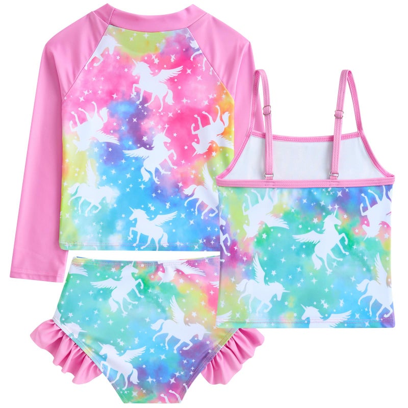 Funnycokid Little Girl Swimsuit Size 5 6 Long Sleeve 3 Pieces Rash Guard Tankini Pink Bathing Suit Unicorn Swimwear Ruffle Kids - Image 3