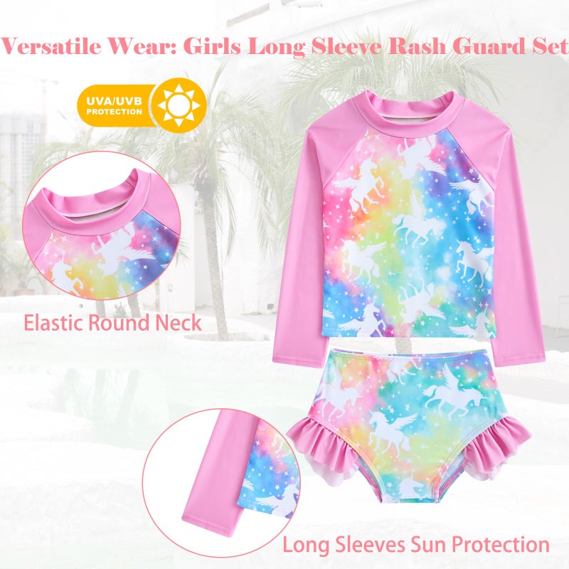 Funnycokid Little Girl Swimsuit Size 5 6 Long Sleeve 3 Pieces Rash Guard Tankini Pink Bathing Suit Unicorn Swimwear Ruffle Kids - Image 4