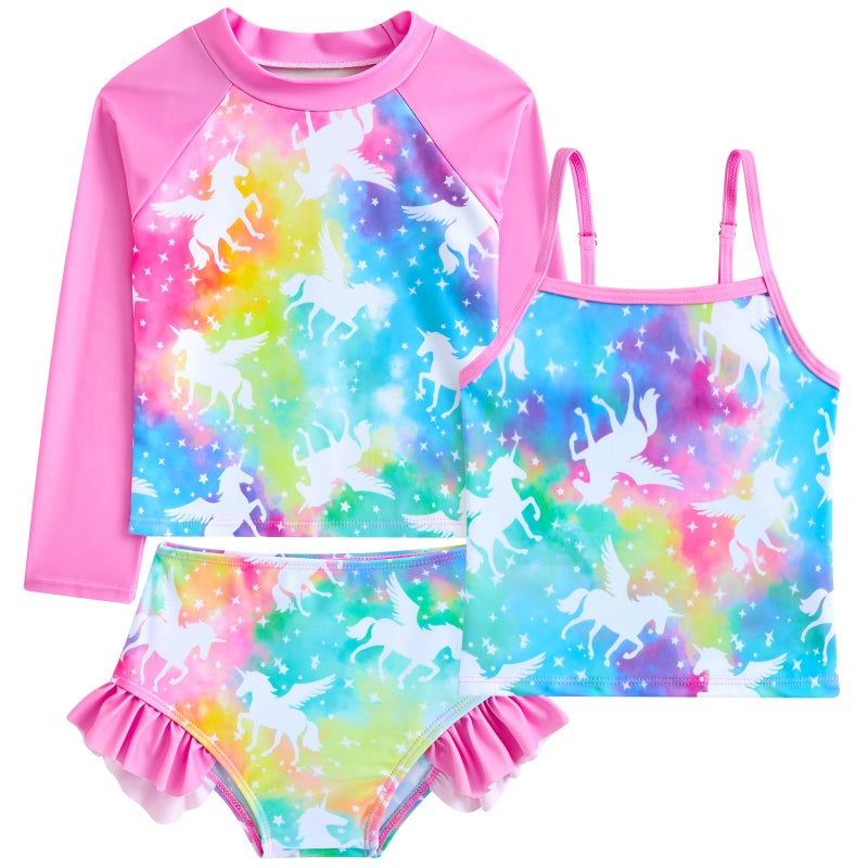 Funnycokid Little Girl Swimsuit Size 5 6 Long Sleeve 3 Pieces Rash Guard Tankini Pink Bathing Suit Unicorn Swimwear Ruffle Kids - Image 1