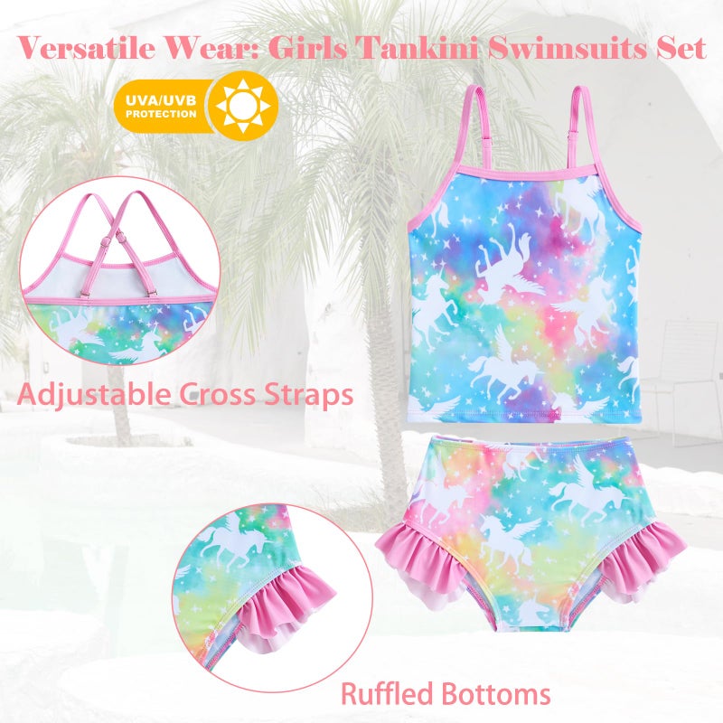 Funnycokid Little Girl Swimsuit Size 5 6 Long Sleeve 3 Pieces Rash Guard Tankini Pink Bathing Suit Unicorn Swimwear Ruffle Kids - Image 5