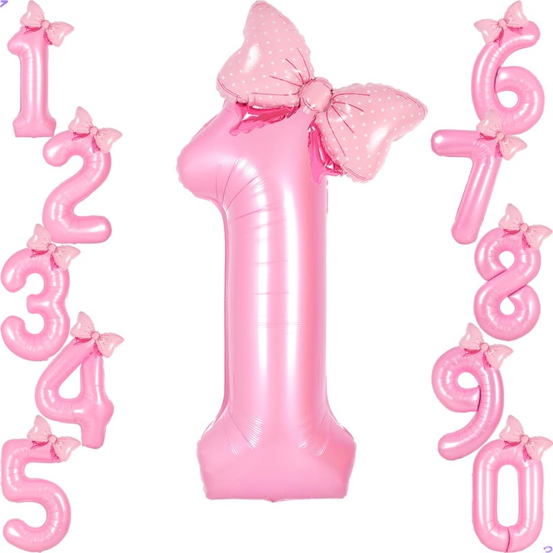 Florisland Pink 1 Balloon Number Pink Birthday Decorations for Girls, Bow Foil Mylar Large 40â€ 1 Birthday Balloon for Girls Bow Butterfly Coquette 1st Party Decorations(Number 1 balloons) - Image 1