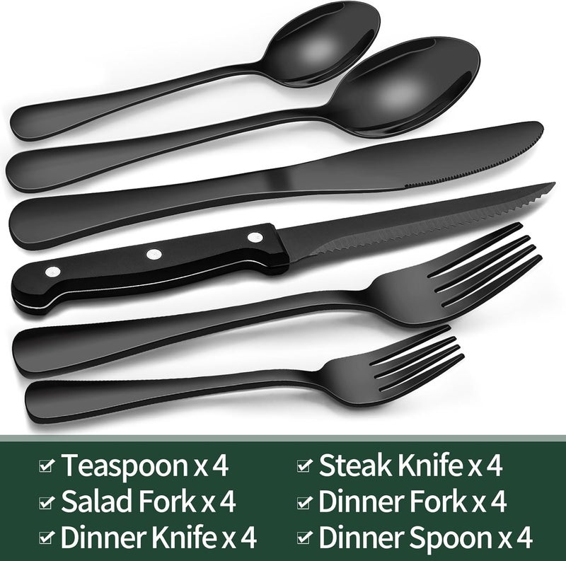 24-piece black steak knife cutlery set set for 4 people food grade stainless steel mirror tableware Black - Image 2