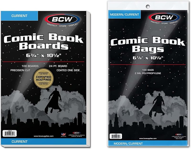 BCW Current Comic Boards and Bags Combo | 100 Polypropylene Comic Bags & Backer Boards | Acid-Free Archival Quality | Crystal Clear | Preserves Collectible Comics | Fits Standard Comic Storage Boxes - Image 1
