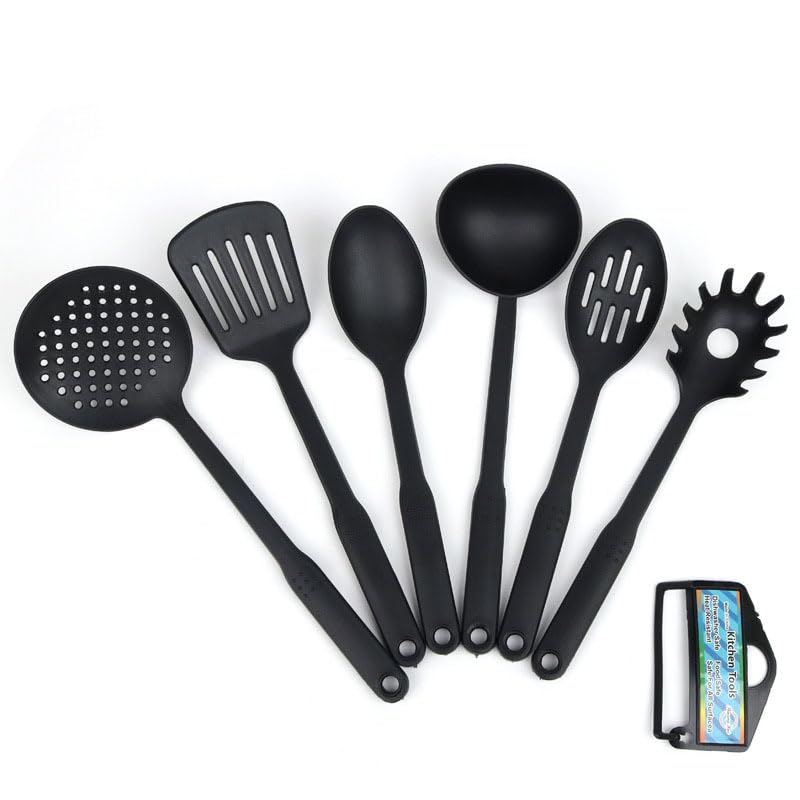 Kitchen Utensil Set 6Piece Nylon Cooking Tools Black Includes Skimmer Spatula Spoon Ladle Slotted Spoon Pasta Server  - Image 1