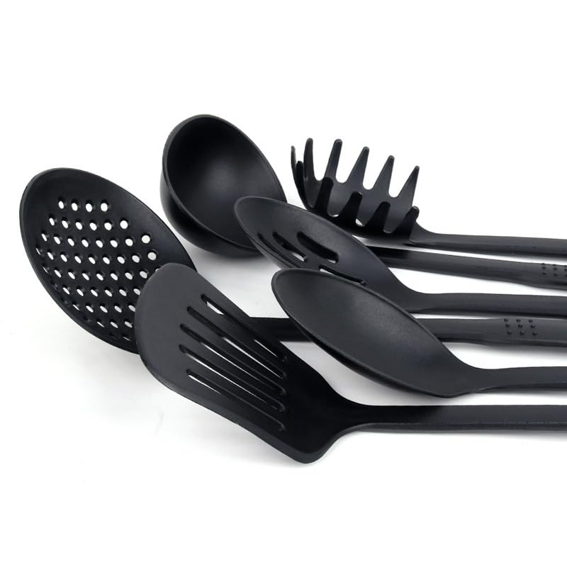 Kitchen Utensil Set 6Piece Nylon Cooking Tools Black Includes Skimmer Spatula Spoon Ladle Slotted Spoon Pasta Server  - Image 5