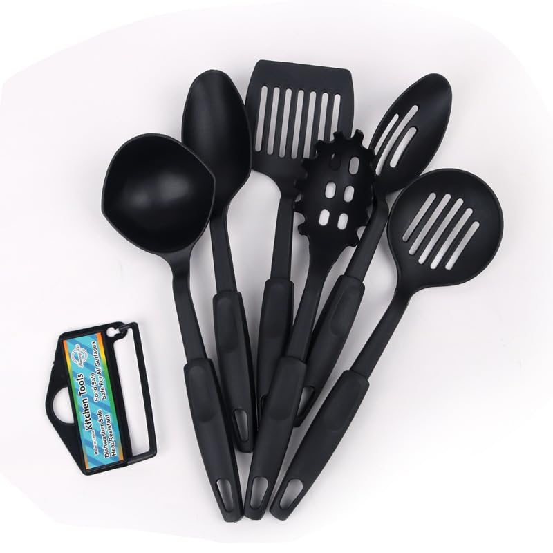 Kitchen Utensil Set 6Piece Nylon Cooking Tools Black Includes Skimmer Spatula Spoon Ladle Slotted Spoon Pasta Server  - Image 4