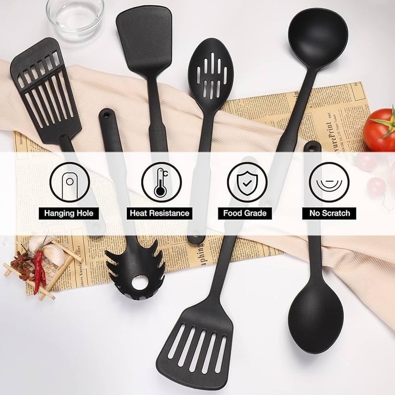 Kitchen Utensil Set 6Piece Nylon Cooking Tools Black Includes Skimmer Spatula Spoon Ladle Slotted Spoon Pasta Server  - Image 2