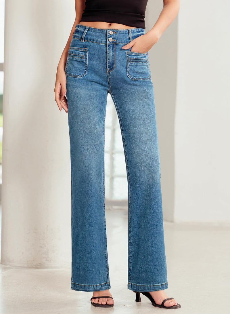 Sidefeel Women's Wide Leg Jeans High Waisted Straight Leg Zimbaplatinum Denim Pants 2025 Spring Outfit Bluing Size 4 - Image 5