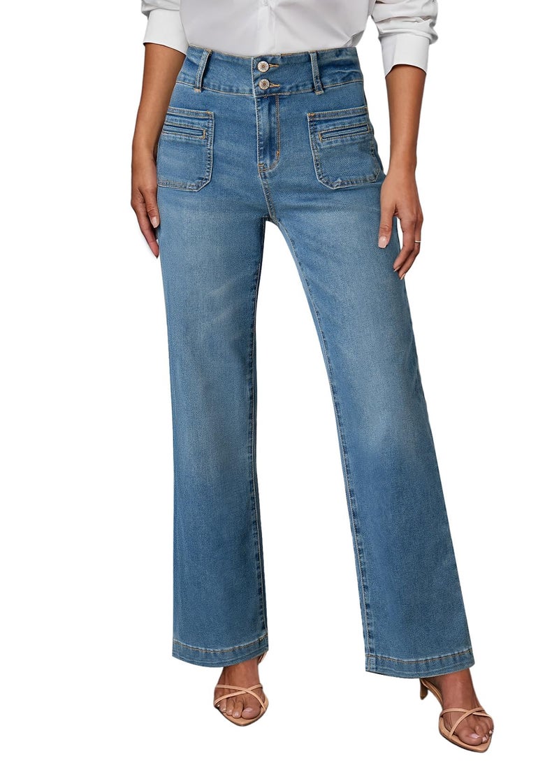 Sidefeel Women's Wide Leg Jeans High Waisted Straight Leg Zimbaplatinum Denim Pants 2025 Spring Outfit Bluing Size 4 - Image 1