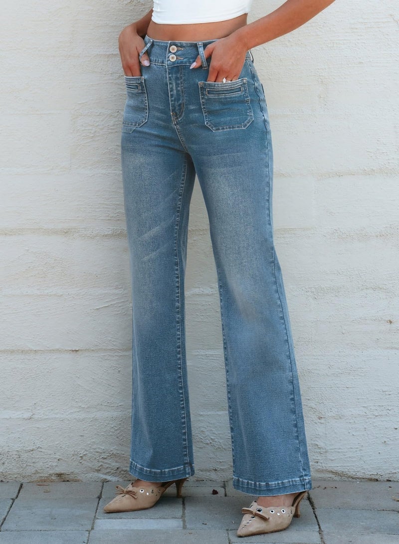 Sidefeel Women's Wide Leg Jeans High Waisted Straight Leg Zimbaplatinum Denim Pants 2025 Spring Outfit Bluing Size 4 - Image 3