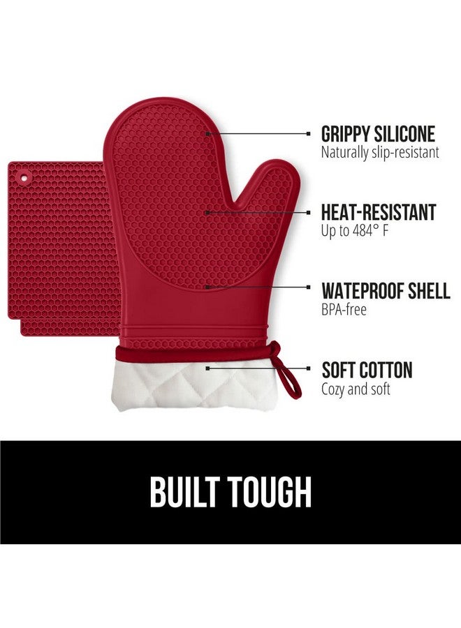 Gorilla Grip GORILLA GRIP BPA-Free Soft SIlicone Oven Mitts and Potholder Set of 4, Heat Resistant Hot Pads, Thick Cotton Lined Cooking Mitt, Long Gloves Protect Hands, Kitchen Waterproof Trivet Mats, 12.5 in, Red  - Image 2