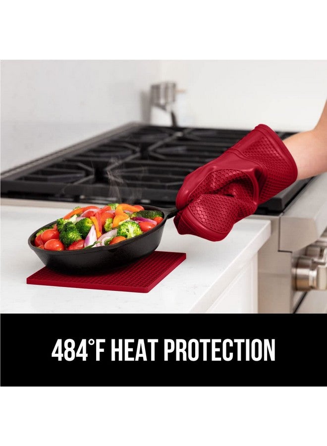 Gorilla Grip GORILLA GRIP BPA-Free Soft SIlicone Oven Mitts and Potholder Set of 4, Heat Resistant Hot Pads, Thick Cotton Lined Cooking Mitt, Long Gloves Protect Hands, Kitchen Waterproof Trivet Mats, 12.5 in, Red  - Image 4