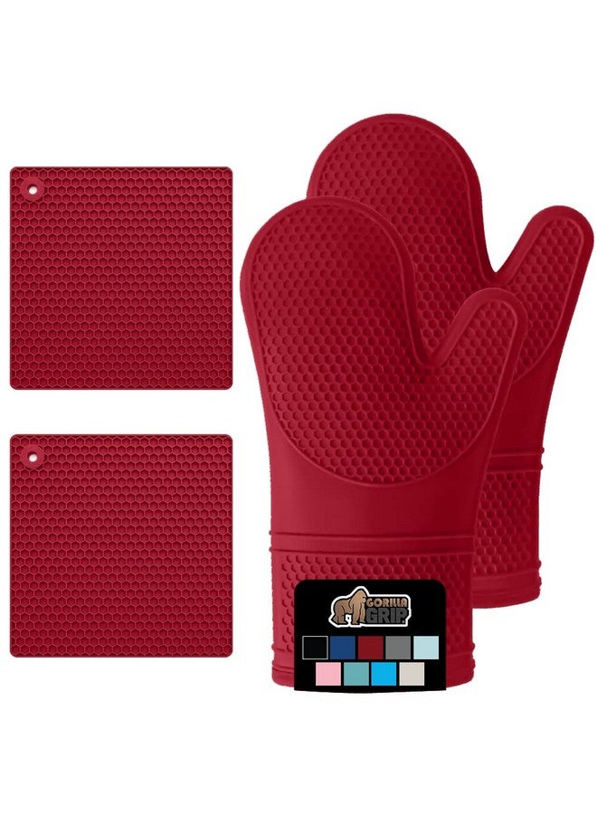 Gorilla Grip GORILLA GRIP BPA-Free Soft SIlicone Oven Mitts and Potholder Set of 4, Heat Resistant Hot Pads, Thick Cotton Lined Cooking Mitt, Long Gloves Protect Hands, Kitchen Waterproof Trivet Mats, 12.5 in, Red  - Image 1