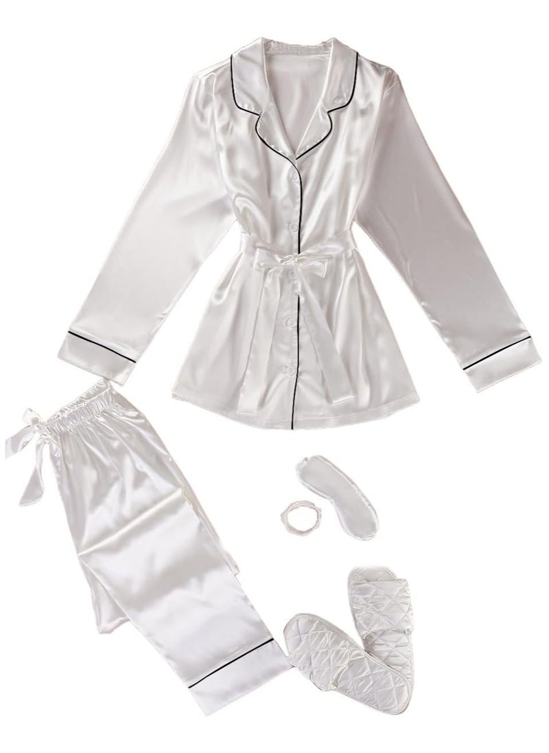 Woman's satin pajamas set, 5 Piece Long Sleeve Sleepwear Loungewear Button Down, Hair tie, Eye Mask and slippers - pzsku/ZDEAD4542C96701E8198EZ/45/_/1728474507/f5961cdd-13c8-4417-96bf-24366de7b3c9