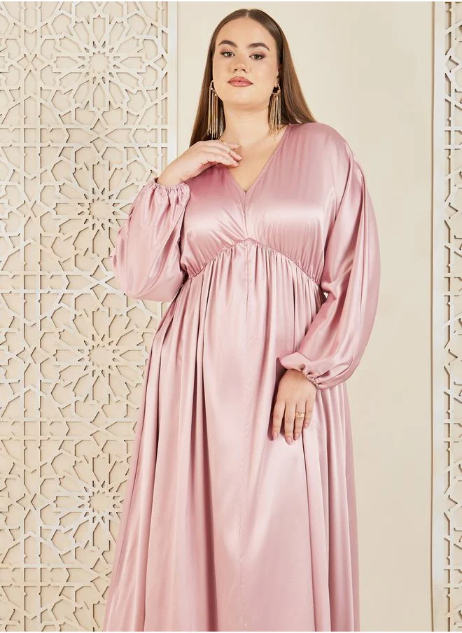 Styli Plus Satin Gathered Detail A-Line Maxi Dress